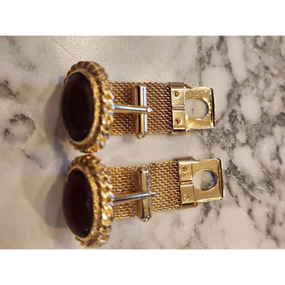 Vintage Gold Tone Cufflinks With Dark Amber Cabochon Center Elegant Mens Jewelry